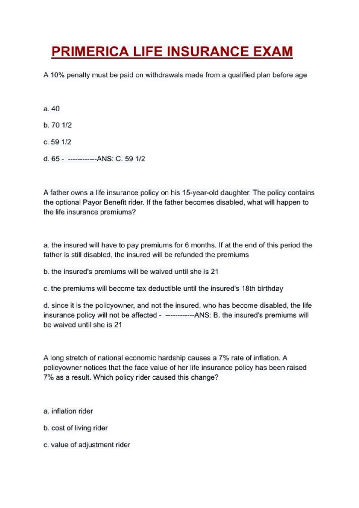 Prime Rika Primerica Life Insurance Exam Practice Questions and Answers – Complete ...
