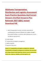Oklahoma Transportation&comma; &NewLine;Distribution and Logistics Assessment &NewLine;Exam Practice Questions And Correct &NewLine;Answers &lpar;Verified Answers&rpar; Plus &NewLine;Rationale 2027 Q&A&vert; Instant &NewLine;Download Pdf&period; 