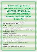 Human Biology&colon; Course&NewLine;Overview and Basic Concepts&NewLine;UPDATED ACTUAL Exam&NewLine;Questions and CORRECT&NewLine;Answers 2026&sol;2027 edition&NewLine;Graded A&plus;