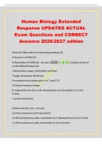 Human Biology Extended&NewLine;Response UPDATED ACTUAL&NewLine;Exam Questions and CORRECT&NewLine;Answers 2026&sol;2027 edition&NewLine;Describe DNA under the following headings &lpar;9&rpar;&NewLine;i&rpar; Structure of DNA &lpar;5&rpar;&NewLine;ii&rpar; Replication of DNA &lpar;4&rpar; - Answers  1 double strand of&NewLine;nucleotides&sol;double he