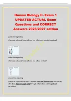 Human Biology II- Exam 1&NewLine;UPDATED ACTUAL Exam&NewLine;Questions and CORRECT&NewLine;Answers 2026&sol;2027 edition&NewLine;paracrine signaling&NewLine;chemical released from cell and has effects on nearby target cell&NewLine;