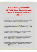 Human Biology UPDATED&NewLine;ACTUAL Exam Questions and&NewLine;CORRECT Answers 2026&sol;2027&NewLine;edition&NewLine;Which of the following bacteria is found in improperly canned foods&NewLine;and produces a toxin that can cause paralysis of muscles and breathing&NewLine;problems&quest; - Answers  Clostid