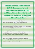 Mental Status Examination&NewLine;&lpar;MSE&rpar; Components and&NewLine;Documentation UPDATED&NewLine;ACTUAL Exam Questions and&NewLine;CORRECT Answers 2026&sol;2027&NewLine;edition Graded A&plus;