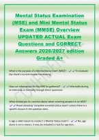 Mental Status Examination&NewLine;&lpar;MSE&rpar; and Mini Mental Status&NewLine;Exam &lpar;MMSE&rpar; Overview&NewLine;UPDATED ACTUAL Exam&NewLine;Questions and CORRECT&NewLine;Answers 2026&sol;2027 edition&NewLine;Graded A&plus;