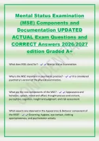 Mental Status Examination&NewLine;&lpar;MSE&rpar; Components and&NewLine;Documentation UPDATED&NewLine;ACTUAL Exam Questions and&NewLine;CORRECT Answers 2026&sol;2027&NewLine;edition Graded A&plus;