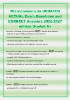 Micro&sol;Immuno 3a UPDATED&NewLine;ACTUAL Exam Questions and&NewLine;CORRECT Answers 2026&sol;2027&NewLine;edition Graded A&plus;&NewLine;Functions of innate immune system -- physical and chemical&NewLine;defenses at epithelial barriers block microbial entry&NewLine;- initial inflammatory response&NewLine;- elimina