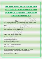 NR 509 Final Exam UPDATED&NewLine;ACTUAL Exam Questions and&NewLine;CORRECT Answers 2026&sol;2027&NewLine;edition Graded A&plus;&NewLine;Suspicious breast mass --A mobile mass that becomes fixed when&NewLine;the arm relaxes is attached to the ribs and intercostal muscles&semi; if fixed&NewLine;when the hand is