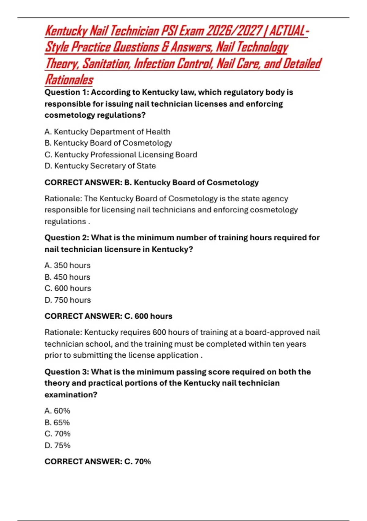 Psi Testing Kentucky Nail Technician PSI Exam 2026/2027 | ACTUAL-Style Practice ...