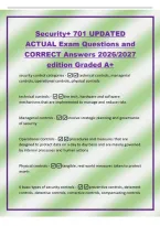 Security&plus; 701 UPDATED&NewLine;ACTUAL Exam Questions and&NewLine;CORRECT Answers 2026&sol;2027&NewLine;edition Graded A&plus;&NewLine;security control categories -technical controls&comma; managerial&NewLine;controls&comma; operational controls&comma; physical controls&NewLine;technical controls -the tech&comma; hardware and soft
