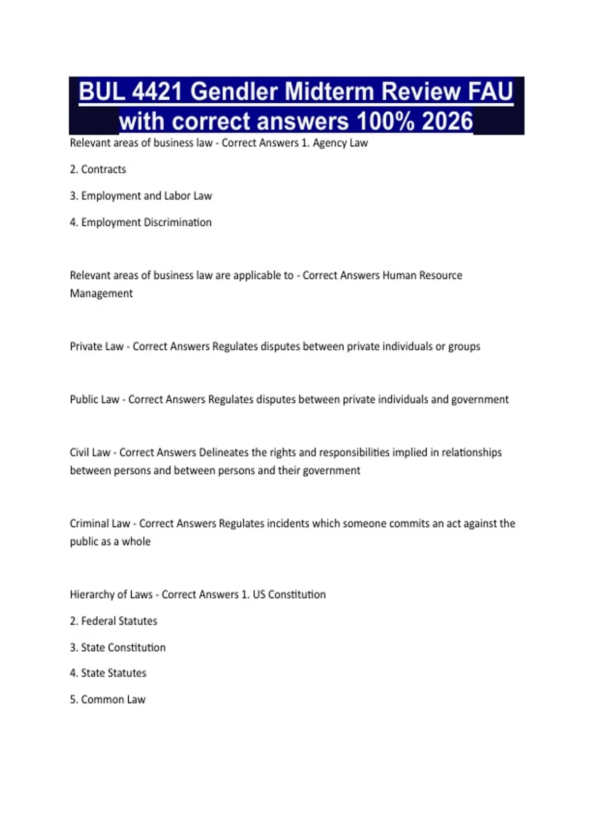 BUL 4421 Gendler Midterm Review FAU with correct answers 100% 2026 ...