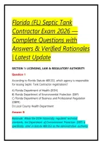 Florida &lpar;FL&rpar; Septic Tank Contractor Exam 2026 &mdash; Complete Questions with Answers & Verified Rationales &vert; Latest Update