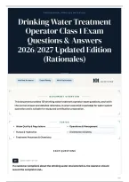 Drinking Water Treatment Operator Class 1 Exam Questions & Answers 2026&sol;2027 Updated Edition &lpar;Rationales&rpar;