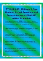 GT ISYE 6501 Midterm 1 Prep Updated Actual Questions and Correct Answers 2026&sol;2027 edition Graded A&plus; Linear Regression Objective -Minimizes the sum of squared residuals &lpar;Ordinary Least Squares&rpar; to model the relationship between a continuous dependen