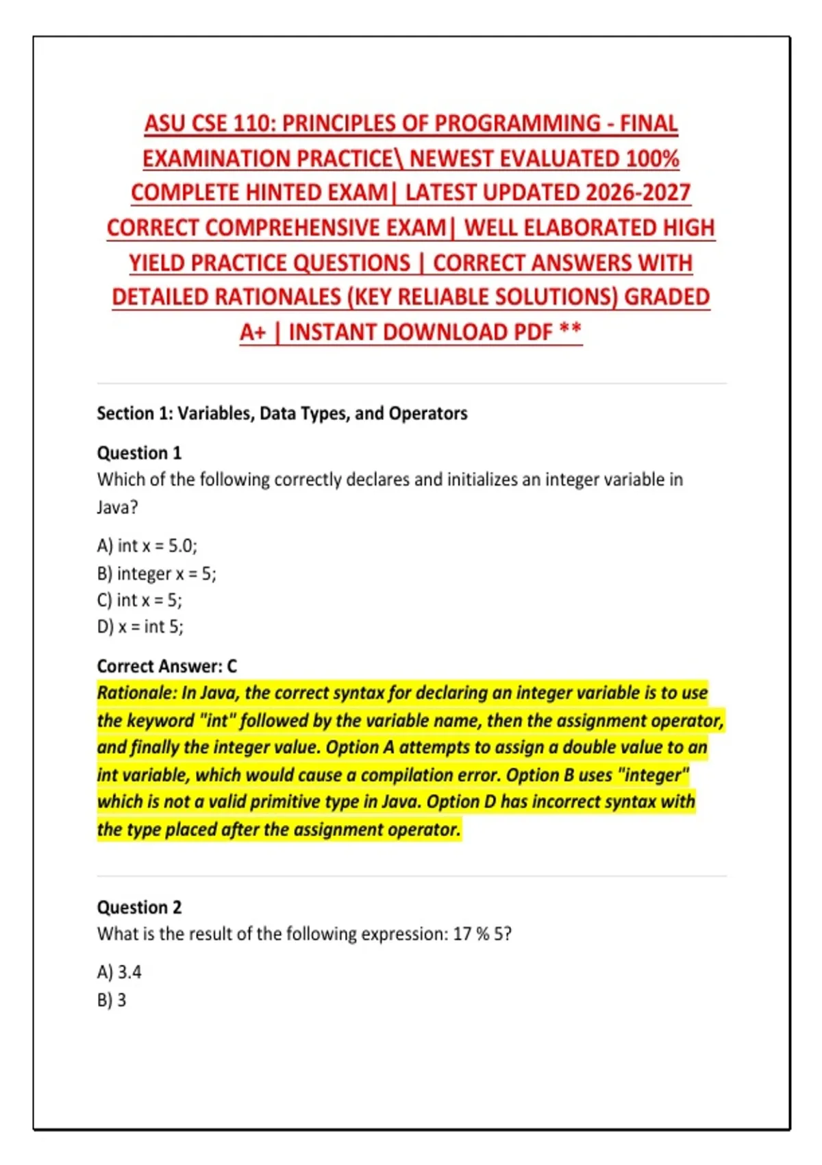Page Yield Examples Asu Cse 110: Principles Of Programming - Final Examination Practice ...