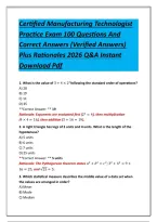 Certified Manufacturing Technologist Practice Exam 100 Questions And Correct Answers &lpar;Verified Answers&rpar; Plus Rationales 2026 Q&A Instant Download Pdf