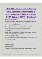 NUR 201 &ndash; Professional Nursing&NewLine;Role Transitions Questions &&NewLine;Verified Answers &lpar;Latest 2026&sol;&NewLine;2027 Update&rpar; 100&percnt; &vert; Grade A&plus;&NewLine;Hippocrates &lpar;around 400 BC&rpar;&NewLine;Known as the Father of Medicine&semi; shifted medicine toward natural law&NewLine;and treating mind&comma; body&comma; spirit&comma;