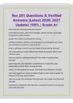 Nur 201 Questions & Verified&NewLine;Answers &lpar;Latest 2026&sol; 2027&NewLine;Update&rpar; 100&percnt; &vert; Grade A&plus;&NewLine;what does the nursing profession require&quest;&NewLine;extended education&comma; body of knowledge&comma; specific service&comma; autonomy&comma;&NewLine;incorporates code of ethics&NewLine;explain the model of professiona