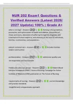 NUR 202 Exam1 Questions &&NewLine;Verified Answers &lpar;Latest 2026&sol;&NewLine;2027 Update&rpar; 100&percnt; &vert; Grade A&plus;&NewLine;what is nursing&quest; - Answers  Nursing is the protection&comma;&NewLine;promotion&comma; and optimization of health and abilities&comma; prevention of&NewLine;illness and injury&comma; alleviation of sufferi