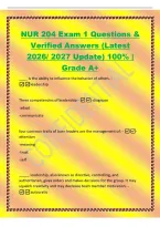 NUR 204 Exam 1 Questions &&NewLine;Verified Answers &lpar;Latest&NewLine;2026&sol; 2027 Update&rpar; 100&percnt; &vert;&NewLine;Grade A&plus;&NewLine;&lowbar;&lowbar;&lowbar;&lowbar; is the ability to influence the behavior of others&period; -&NewLine;leadership&NewLine;Three competencies of leadership --diagnose&NewLine;-adapt&NewLine;-communicate