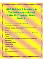 NUR 204 Unit 1 Questions &&NewLine;Verified Answers &lpar;Latest&NewLine;2026&sol; 2027 Update&rpar; 100&percnt; &vert;&NewLine;Grade A&plus;&NewLine;Joint Comission&NewLine;Sets standards for the hospital regarding teaching&NewLine;Purpose of patient education&NewLine;maintenance of health illness and prevention&comma; restoring health&comma; a