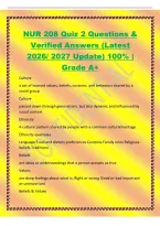 NUR 208 Quiz 2 Questions &&NewLine;Verified Answers &lpar;Latest&NewLine;2026&sol; 2027 Update&rpar; 100&percnt; &vert;&NewLine;Grade A&plus;&NewLine;Culture&NewLine;a set of learned values&comma; beliefs&comma; customs&comma; and behaviors shared by a&NewLine;social group&NewLine;Culture&NewLine;passed down through generations&comma; but also dynamic and influenc