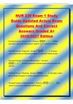 NUR 230 Exam 1 Study&NewLine;Guide Updated Actual Exam&NewLine;Questions And Correct&NewLine;Answers Graded A&plus;&NewLine;2026&sol;2027 Edition&NewLine;Nursing Process&colon; Assessment - Answers  Collect&NewLine;pertinent data and information relative to the patient's health&period;&NewLine;Nursing Process&colon; Diagnos