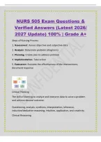 NURS 505 Exam Questions &&NewLine;Verified Answers &lpar;Latest 2026&sol;&NewLine;2027 Update&rpar; 100&percnt; &vert; Grade A&plus;&NewLine;Steps of Nursing Process&NewLine;1&period; Assessment&colon; Assess objective and subjective data&NewLine;2&period; Analysis&colon; Determine problem &lpar;diagnosis&rpar;&NewLine;3&period; Planning&colon; Create plan to address problem
