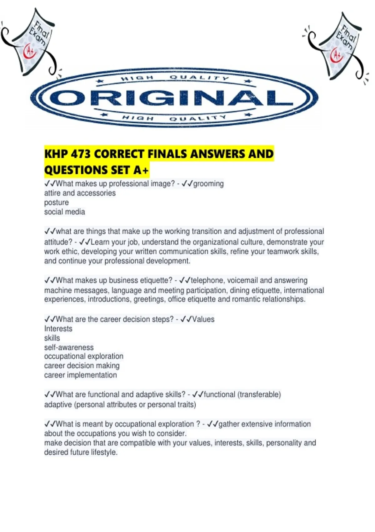 Khp 473 Correct Finals Answers And Questions Set A.pdf - KHP - Stuvia US
