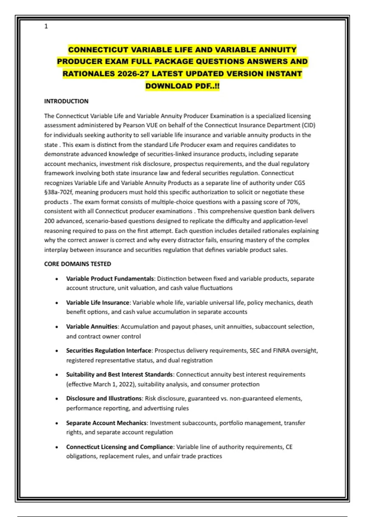 Connecticut Variable Life And Variable Annuity Producer Exam - NURSING ...