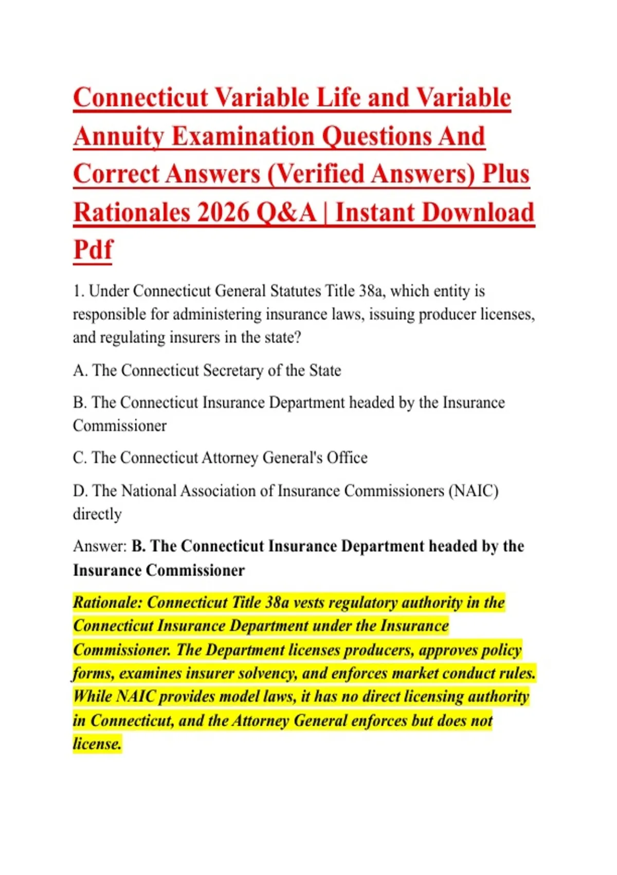 Connecticut Variable Life and Variable Annuity Examination Questions ...