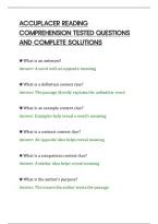 Accuplacer Reading&NewLine;Comprehension Tested Questions&NewLine;And Complete Solutions