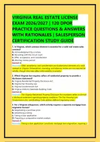 Virginia Real Estate License Exam 2026&sol;2027 &vert; 120 Dpor Practice Questions & Answers With Rationales &vert; Salesperson Certification Study Guide