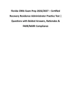 Florida CRRA Exam Prep 2026&sol;2027 &ndash; Certified &NewLine;Recovery Residence Administrator Practice Test &vert; &NewLine;Questions with Bolded Answers&comma; Rationales & &NewLine;FARR&sol;NARR Compliance 