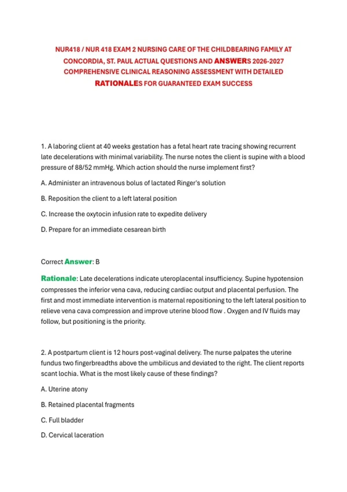 Nur418 / Nur 418 Exam 2 Nursing Care Of The Childbearing Family At ...