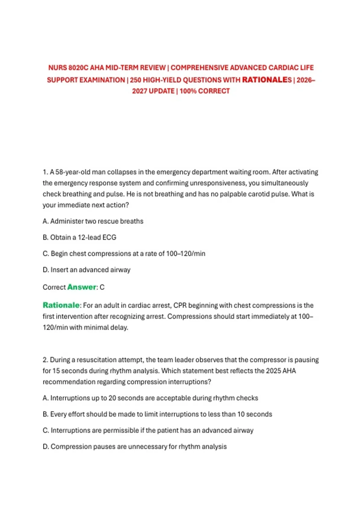 Page Yield Examples Nurs 8020C Aha Mid-Term Review | Comprehensive Advanced Cardiac Life ...
