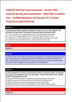 LPN&sol;LVN HESI Exit Exam Evaluation &ndash; Elsevier HESI &NewLine;Practical Nursing Exit Examination &ndash; 2026&sol;2027 Academic &NewLine;Year &ndash; Verified Questions and Answers for Licensed &NewLine;Practical&sol;Vocational Nurses