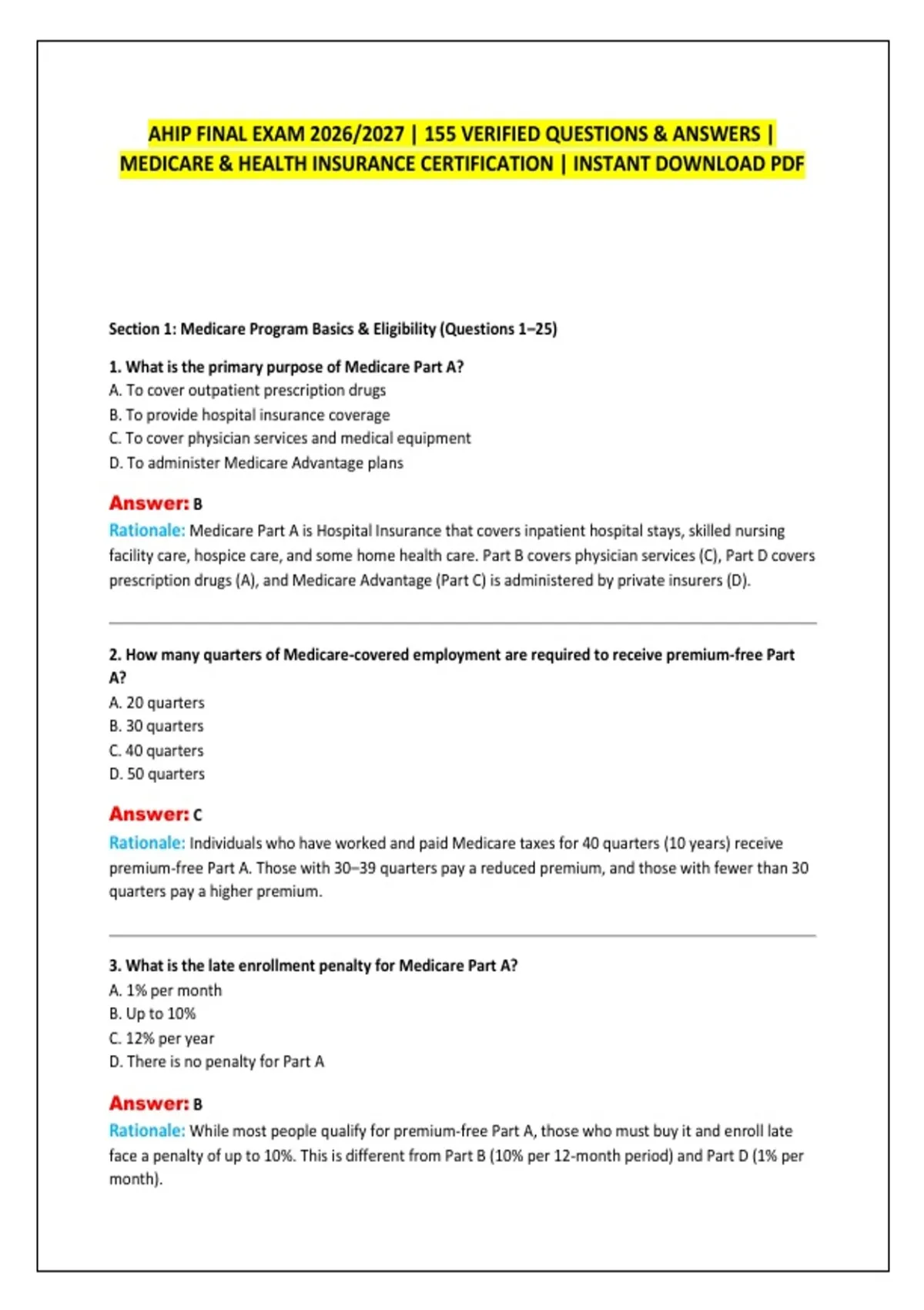 Ahip Final Exam 2026/2027 | 155 Verified Questions & Answers | Medicare ...