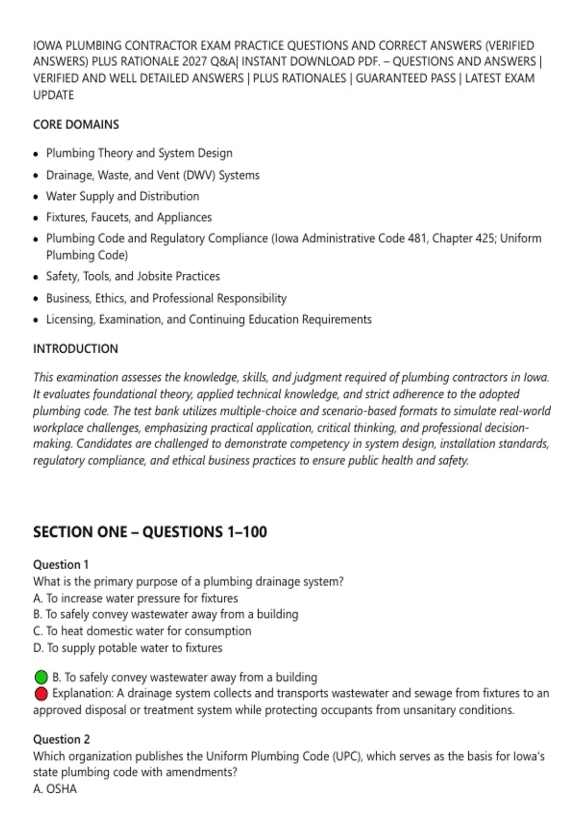 Plus Plumb Iowa Plumbing Contractor Exam Practice Questions And Correct Answers ...