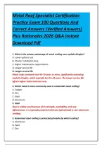 Metal Roof Specialist Certification Practice Exam 100 Questions And Correct Answers &lpar;Verified Answers&rpar; Plus Rationales 2026 Q&A Instant Download Pdf