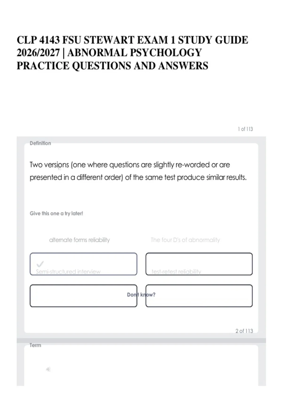 Abnormal Hints Clp 4143 Fsu Stewart Exam 1 Study Guide 2026/2027 | Abnormal Psychology ...
