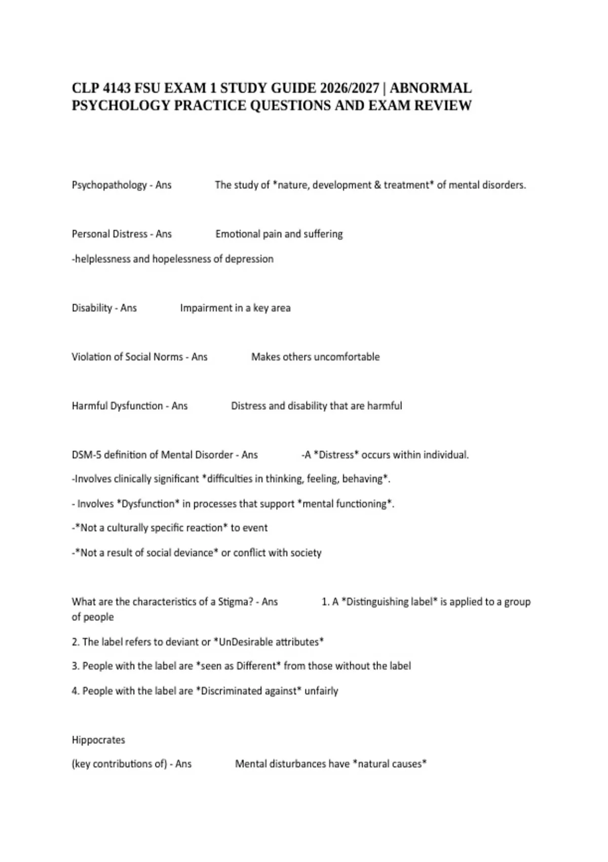 Abnormal Hints Clp 4143 Fsu Exam 1 Study Guide 2026/2027 | Abnormal Psychology ...