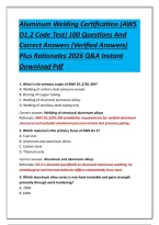 Aluminum Welding Certification &lpar;AWS D1&period;2 Code Test&rpar; 100 Questions And Correct Answers &lpar;Verified Answers&rpar; Plus Rationales 2026 Q&A Instant Download Pdf