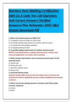Stainless Steel Welding Certification AWS D1&period;6 Code Test 100 Questions And Correct Answers &lpar;Verified Answers&rpar; Plus Rationales 2026 Q&A Instant Download Pdf
