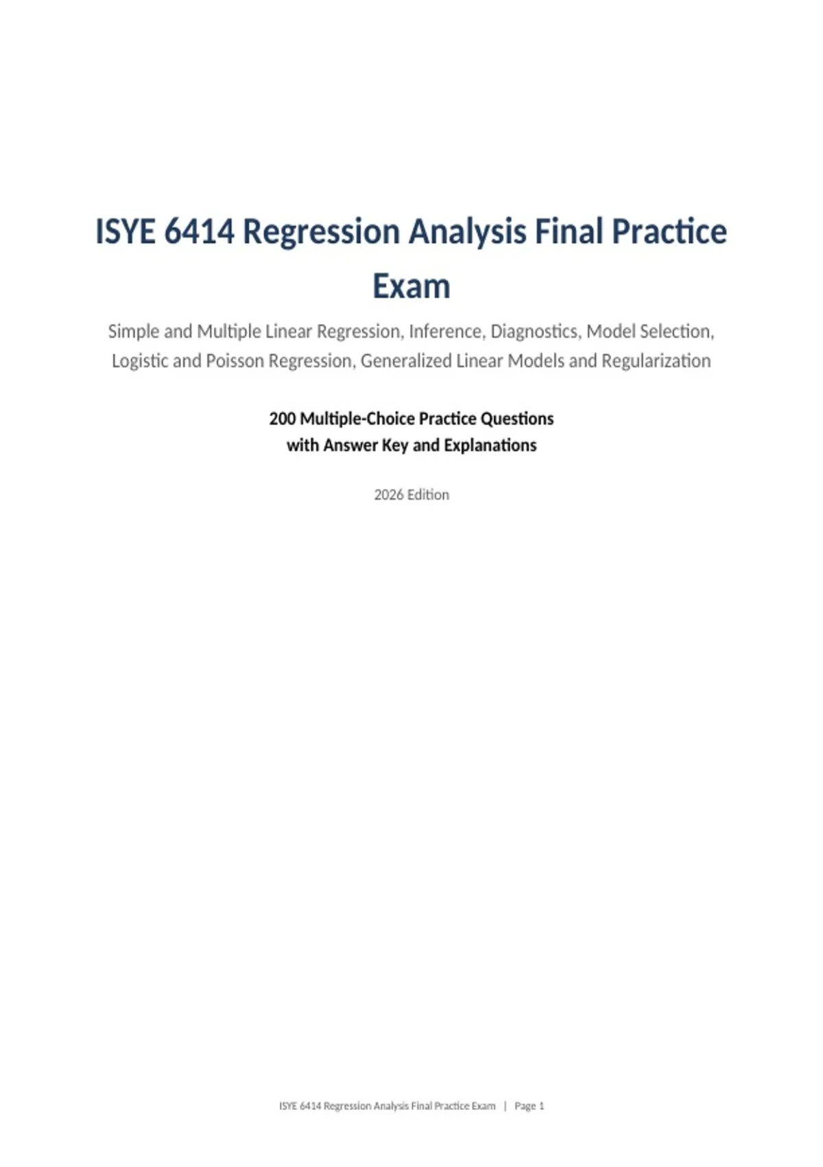 ISYE 6414 Regression Analysis Final Practice Exam Simple and Multiple ...