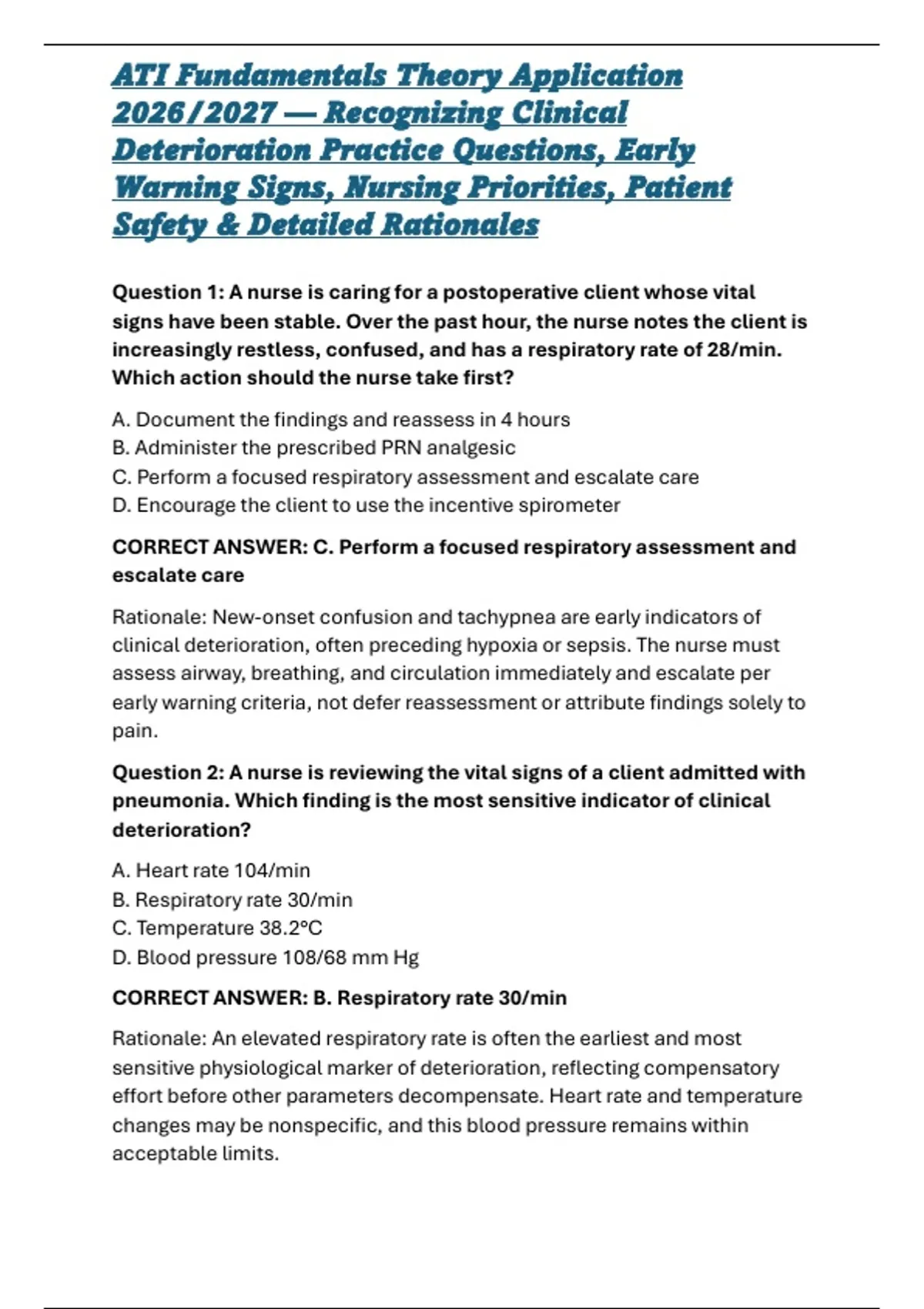 ATI Fundamentals Theory Application 2026/2027 — Recognizing Clinical ...