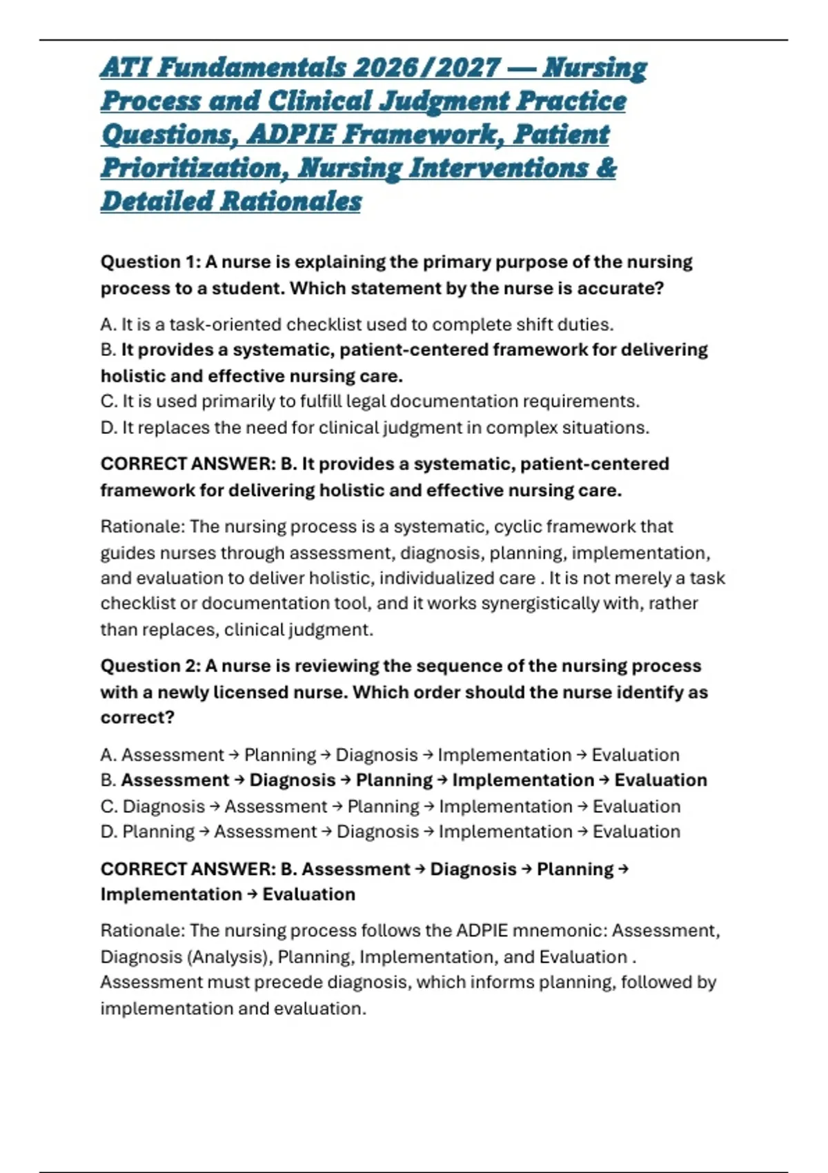 Proritisation Example ATI Fundamentals 2026/2027 — Nursing Process and Clinical Judgment ...