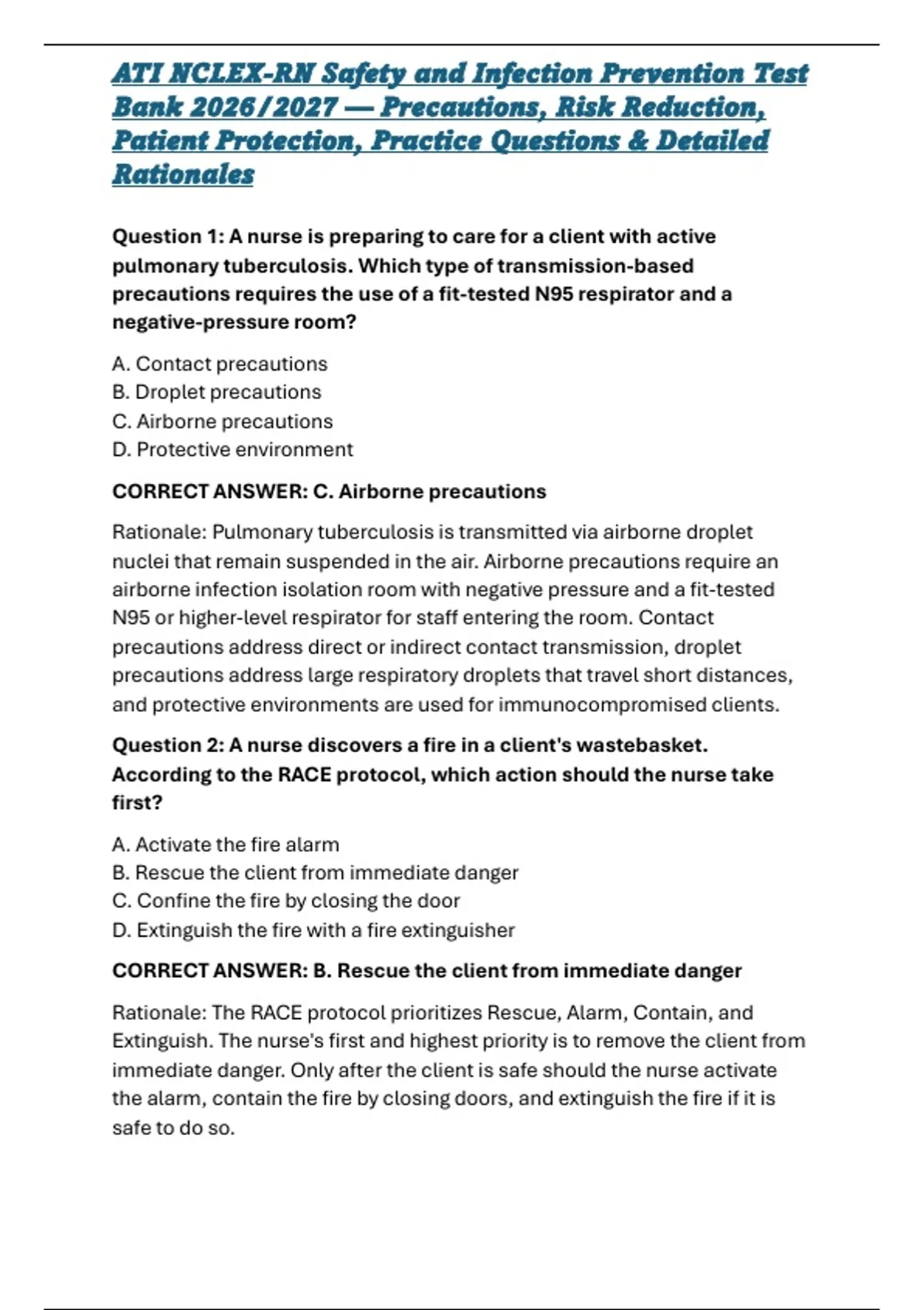 ATI NCLEX-RN Safety and Infection Prevention Test Bank 2026/2027 ...