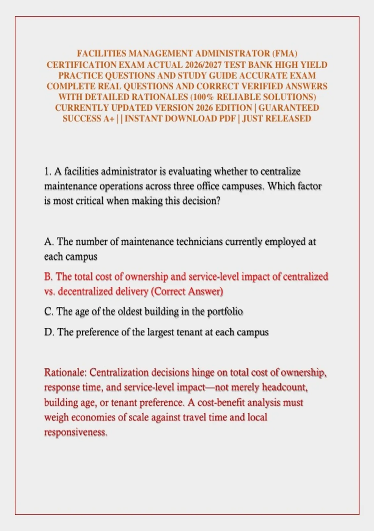 Page Yield Examples Facilities Management Administrator (Fma) Certification Exam Actual ...