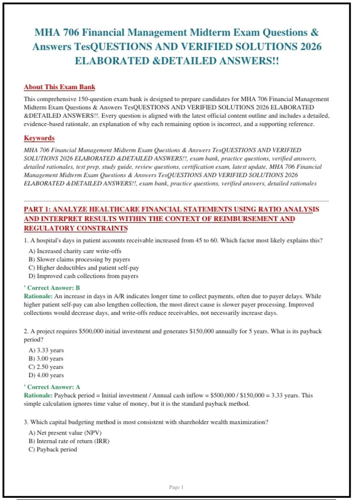 Financial Reporting Questions MHA 706 Financial Management Midterm Exam Questions & Answers ...