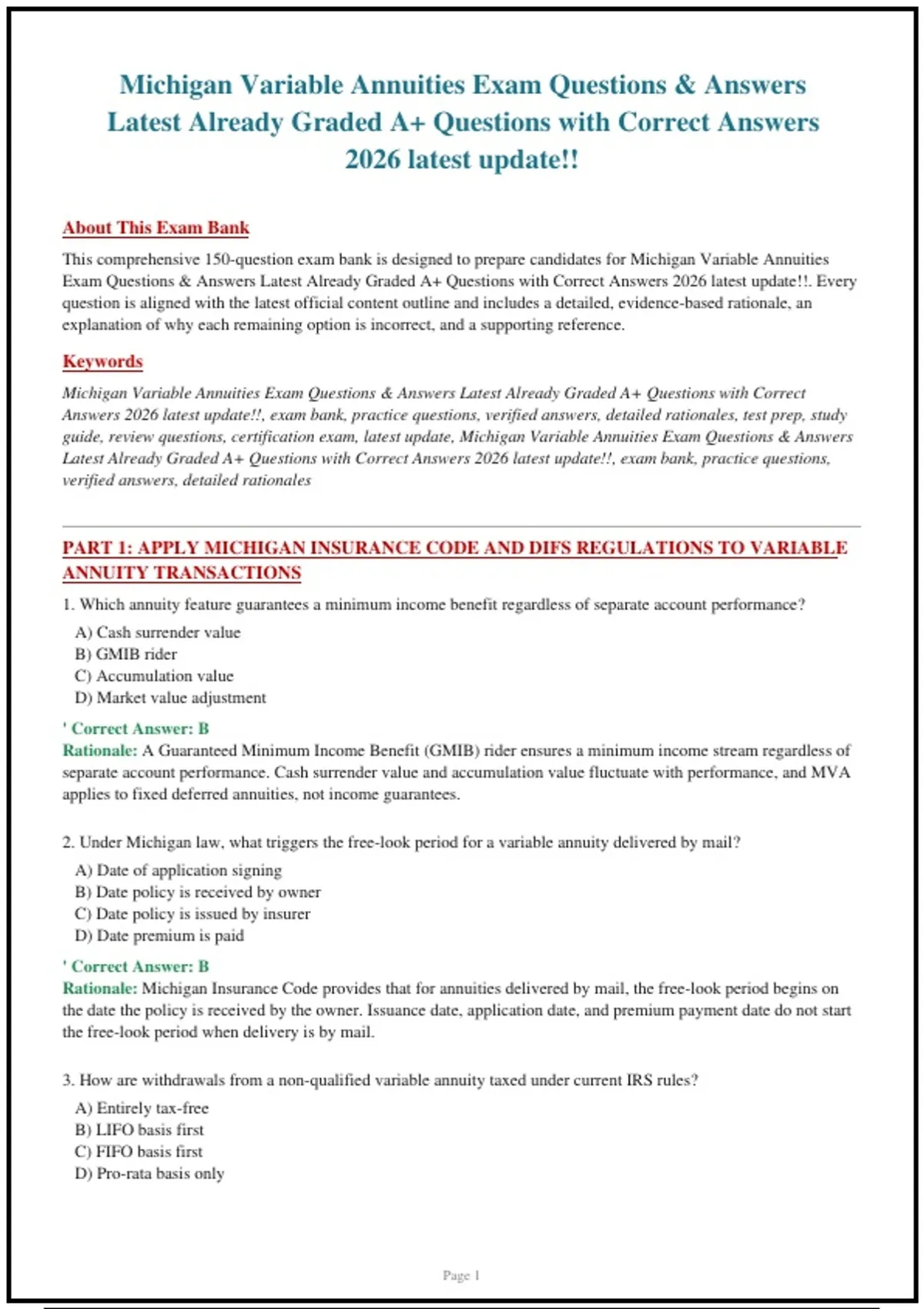Michigan Variable Annuities Exam Questions & Answers Latest Already ...